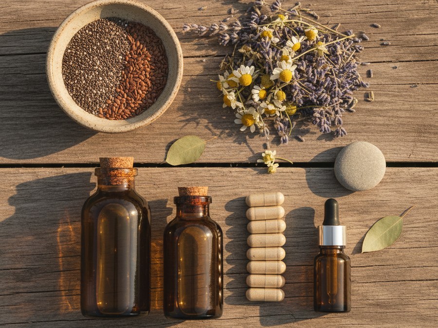 Piante officinali e integratori naturali per il benessere, disposti su un tavolo di legno chiaro