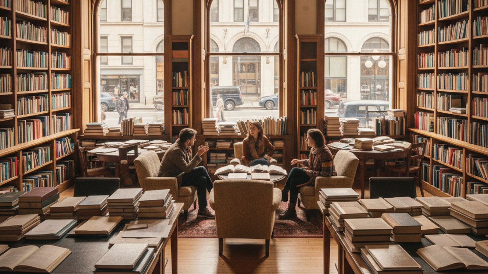 Interno di una libreria accogliente con volumi OneBooks in evidenza e una persona che legge serenamente